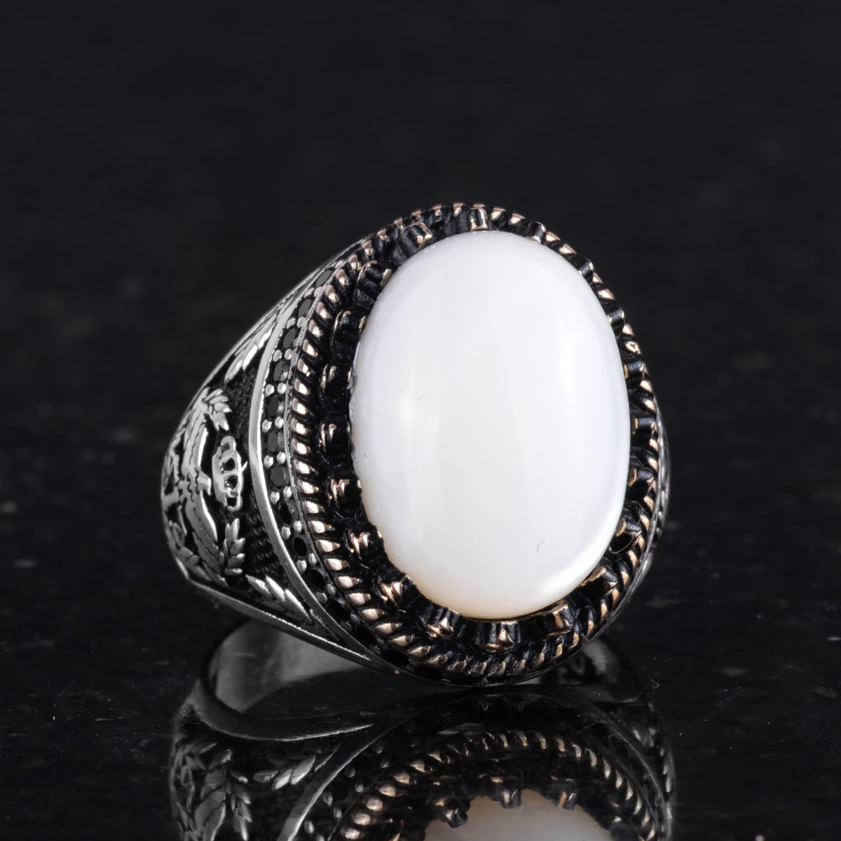 Natural Pearl Stone Handmade Eagle Ring - 925 Sterling Silver — 5