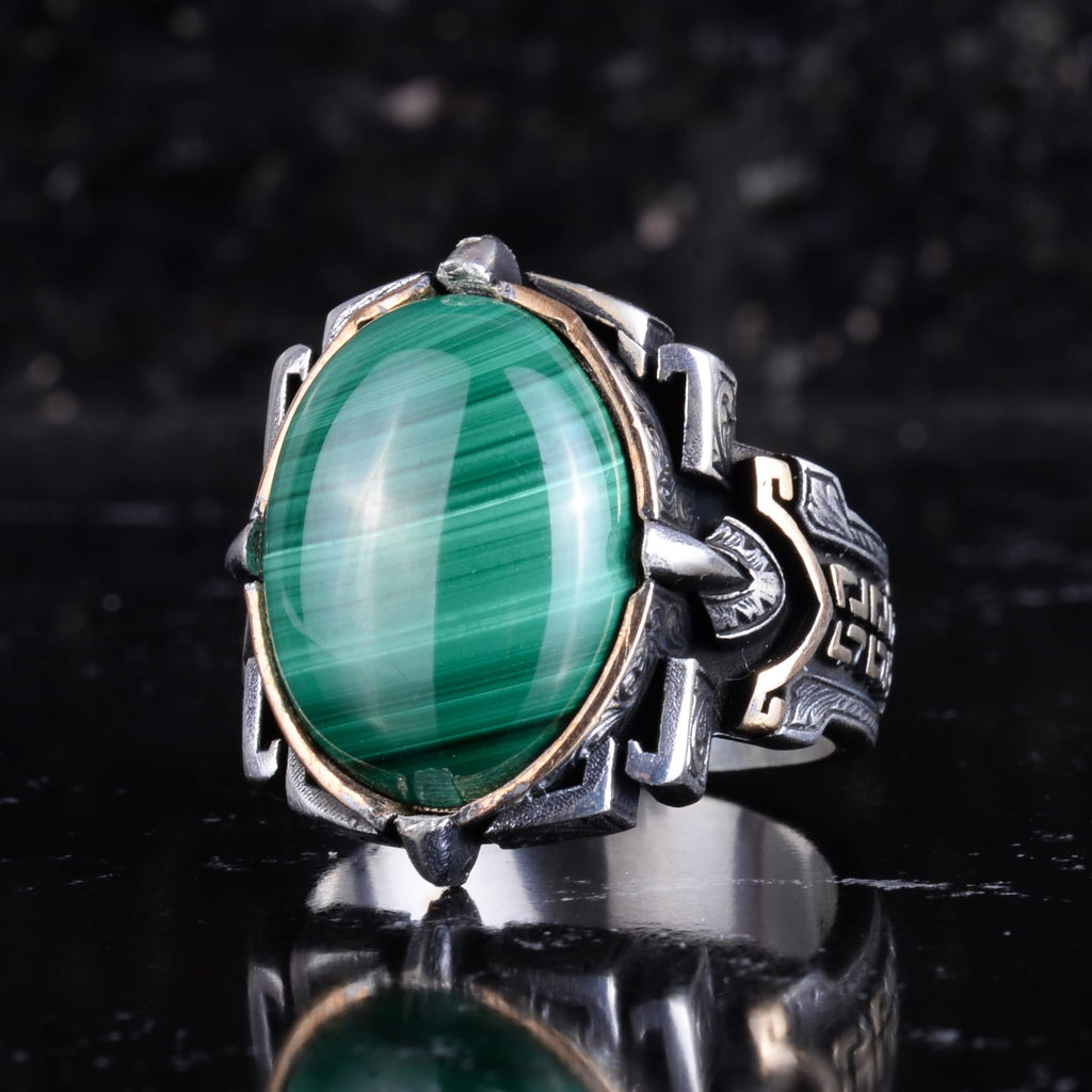 KAMBO Natural Stone Ring 925 Sterling Silver – Handmade Men's Statement Ring Healing Jewelry (Malachite) — 5