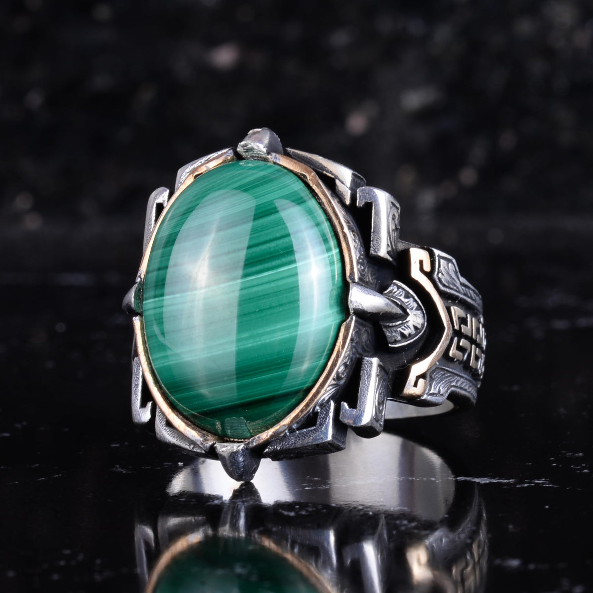 KAMBO Natural Stone Ring 925 Sterling Silver – Handmade Men's Statement Ring Healing Jewelry (Malachite) — 5