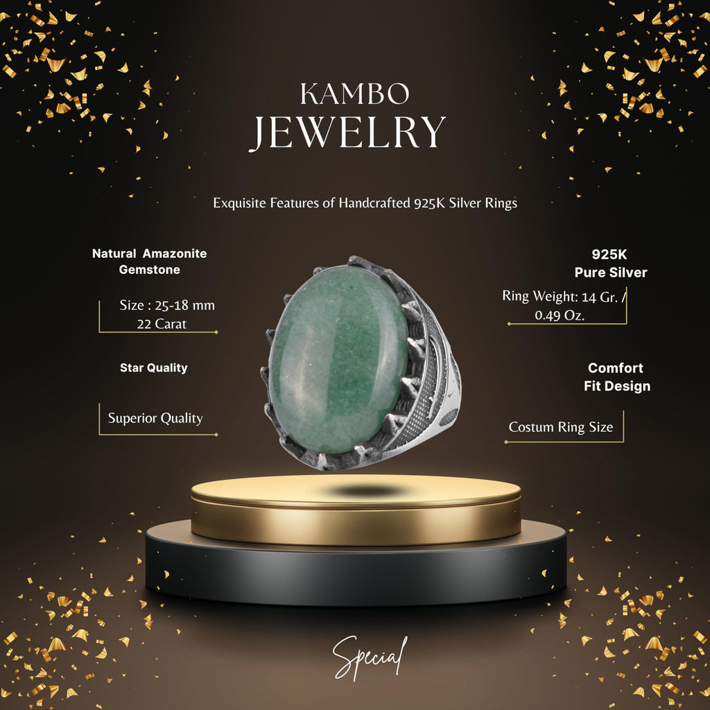 KAMBO Natural Stone Men's Large Ring – 925 Sterling Silver Ottoman Sword Motif Signet Ring (Amazonite) — 2