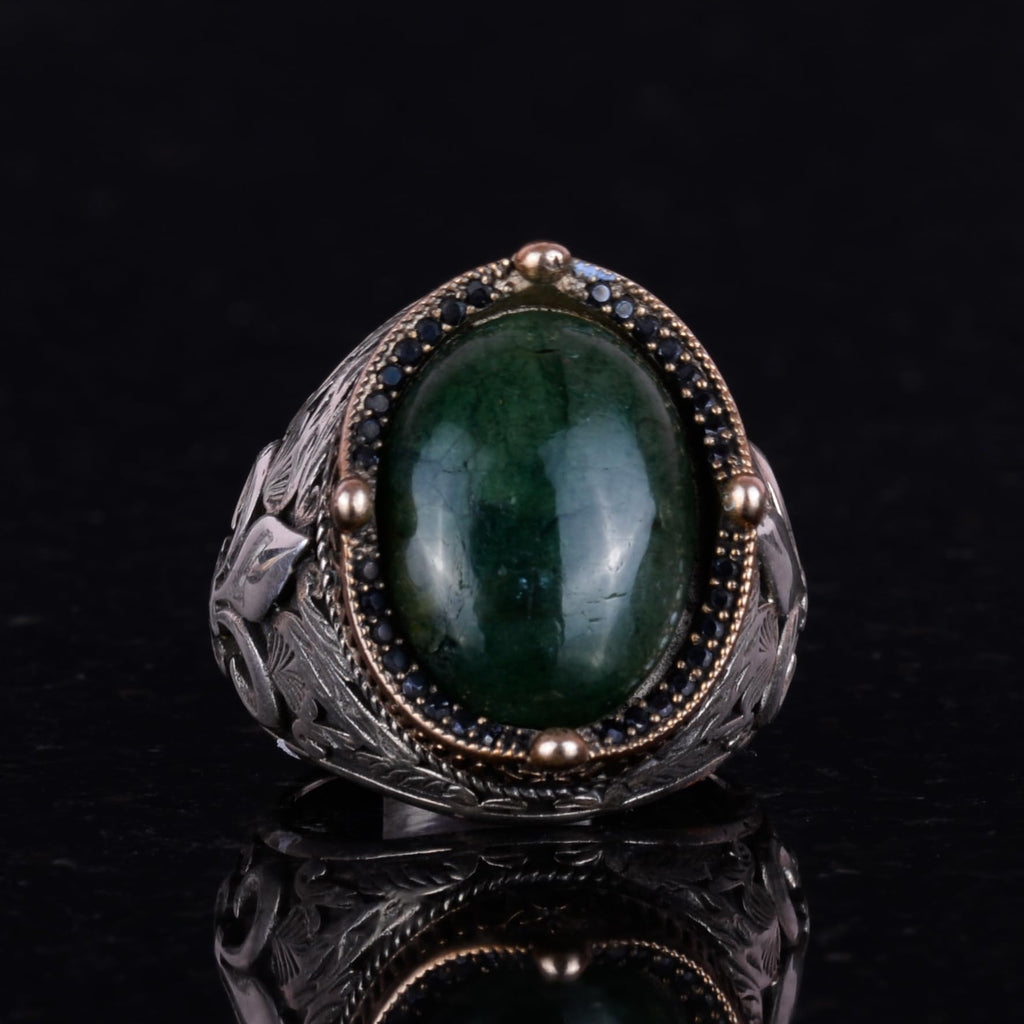 925 Sterling Silver Handmade Men's Ring - Available with Various Natural Stones (Cabochon Emerald) — 2