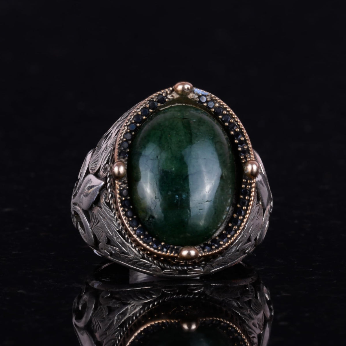 925 Sterling Silver Handmade Men's Ring - Available with Various Natural Stones (Cabochon Emerald) — 2