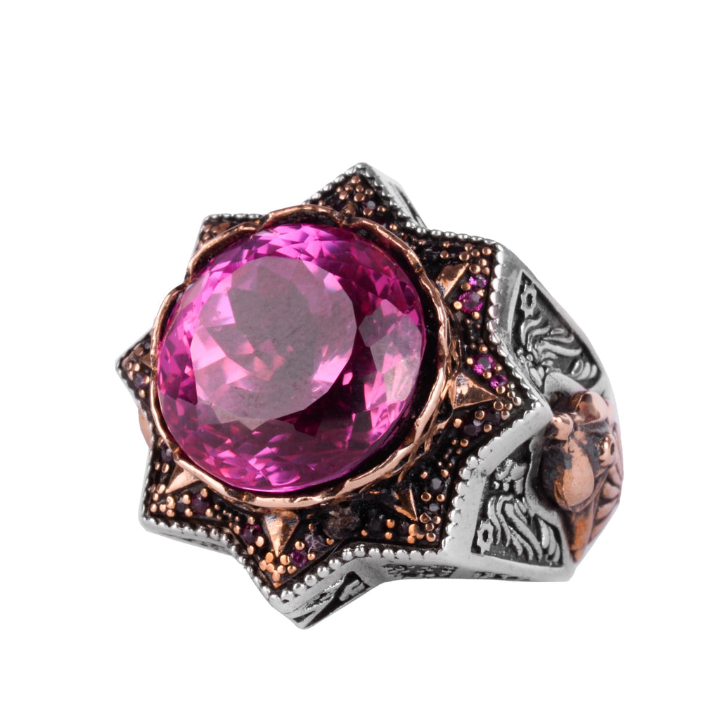 KAMBO Certified Natural Pink Spinel Stone Men's Ring – Bronze Detailed 925 Sterling Silver – Certified Gemstone Handmade Statement Ring