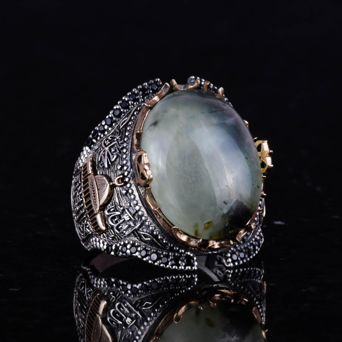 925 Sterling Silver Men's Ring, Mosque Prehnite Stone Ring — 2