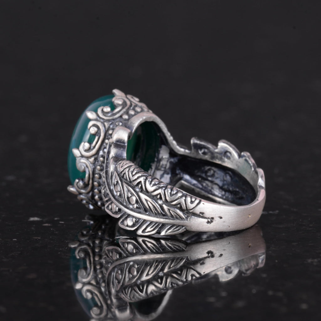 Vintage Bohemian Design Silver Women's Ring with Natural Jade Stone — 7
