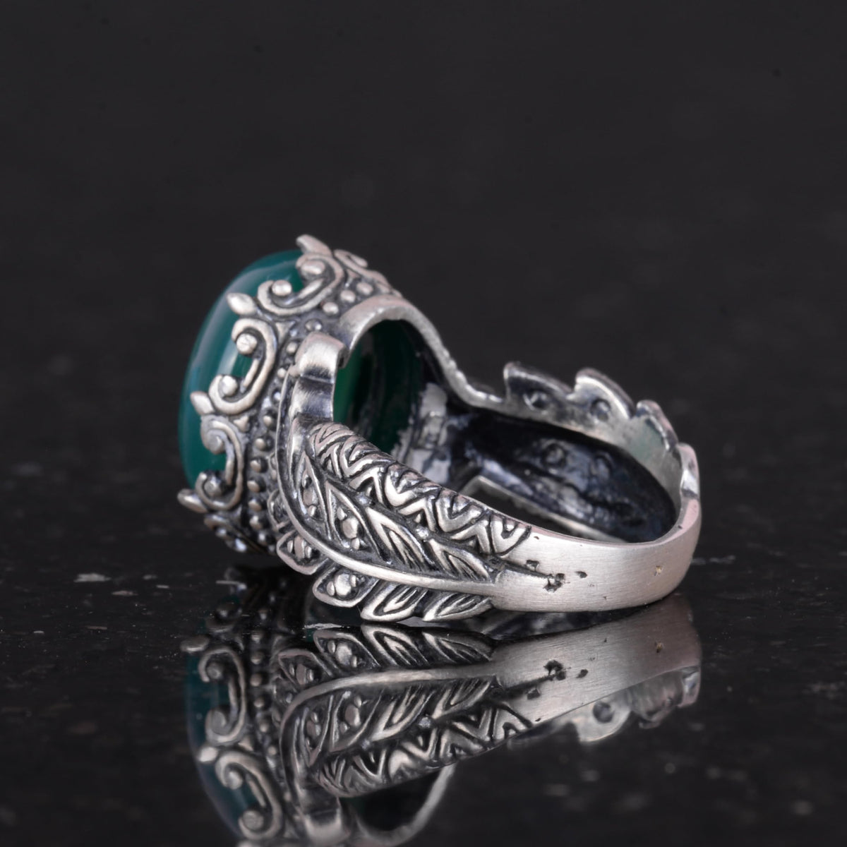 Vintage Bohemian Design Silver Women's Ring with Natural Jade Stone — 7