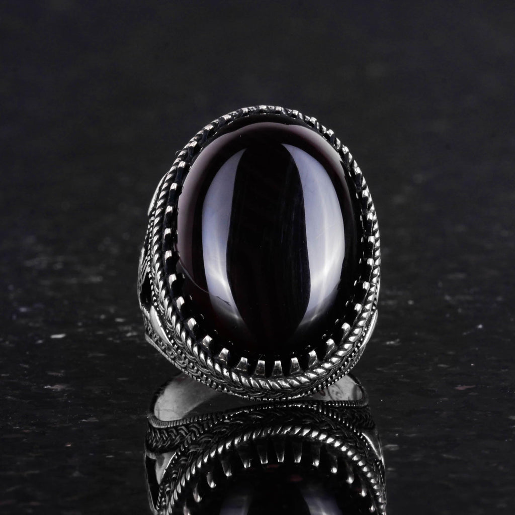 Handmade Natural Stone Ring, 925 Sterling Silver Men's Ottoman Tughra Ring – Magnificent Design (Obsidian) — 4