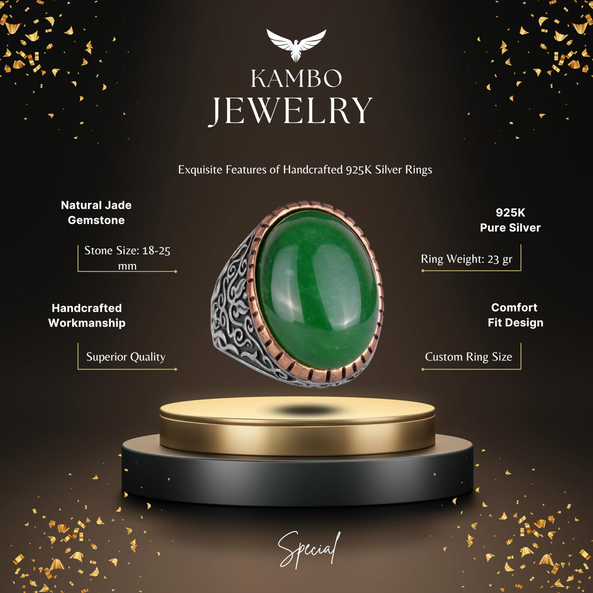 Natural Jade Ring - 925 Sterling Silver Men's Ring — 2
