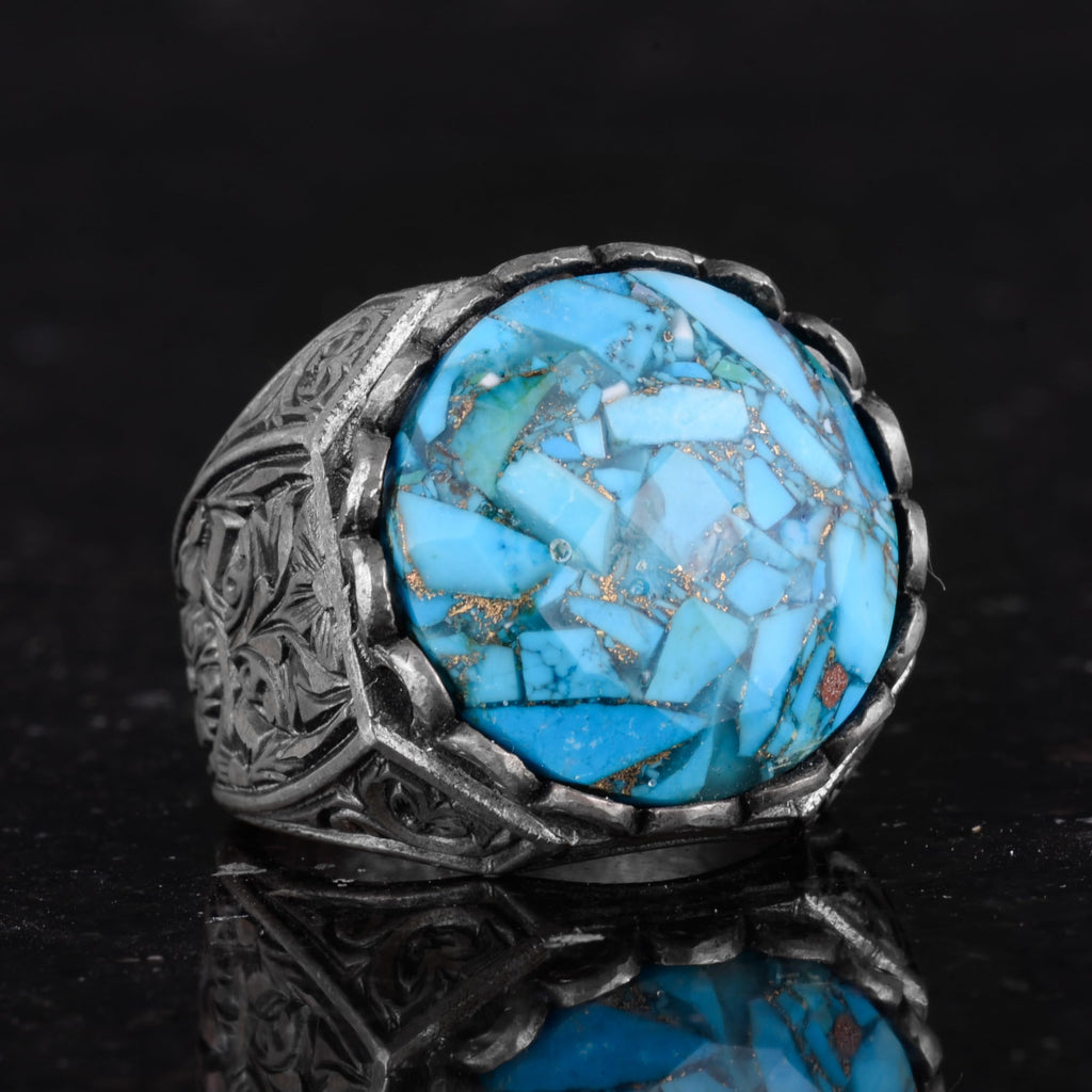 KAMBO Handmade 925 Sterling Silver Men's Ring with Genuine Natural Turquoise Stone, Ornate Vintage Design, Modern Statem