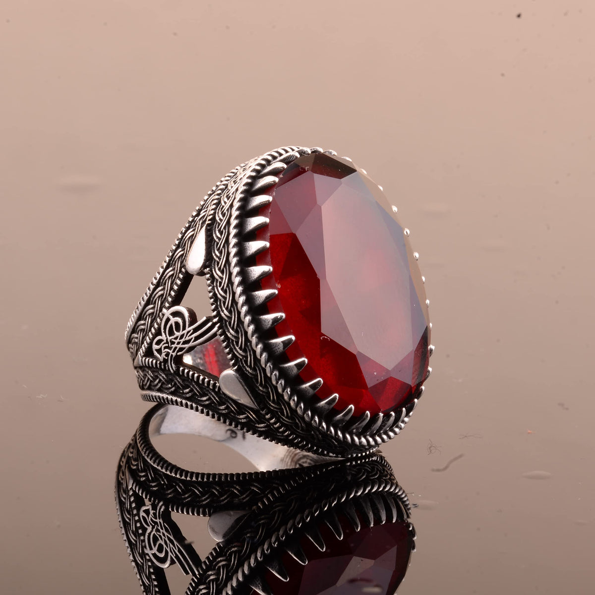 925 Sterling Silver Men's Ottoman Seal Ring, Artificial Garnet Stone — 4