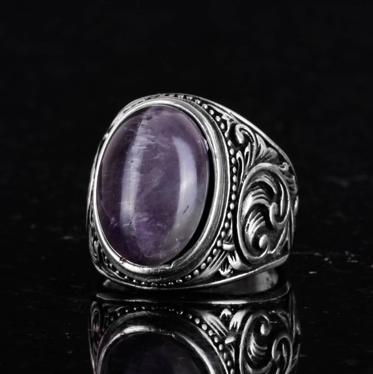 Handmade Natural Amethyst Gemstone Ring - 925 Sterling Silver Men's Ring — 5
