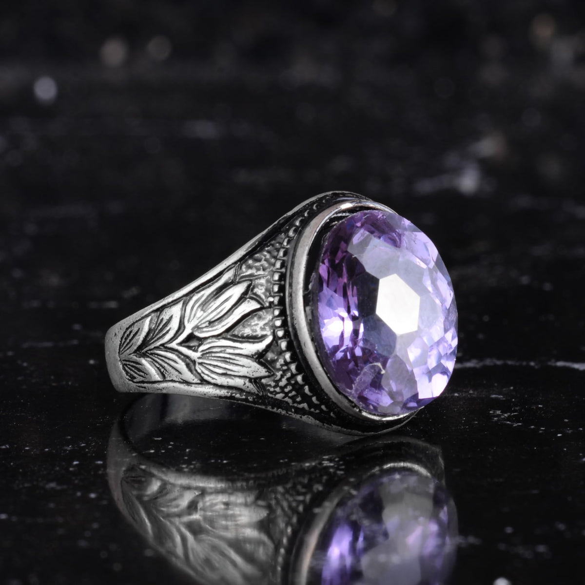 KAMBO Certified Natural Alexandrite Stone Men's Ring 925 Sterling Silver - Flower Embroidered Vintage Designed Oval Alexandrite Ring — 4