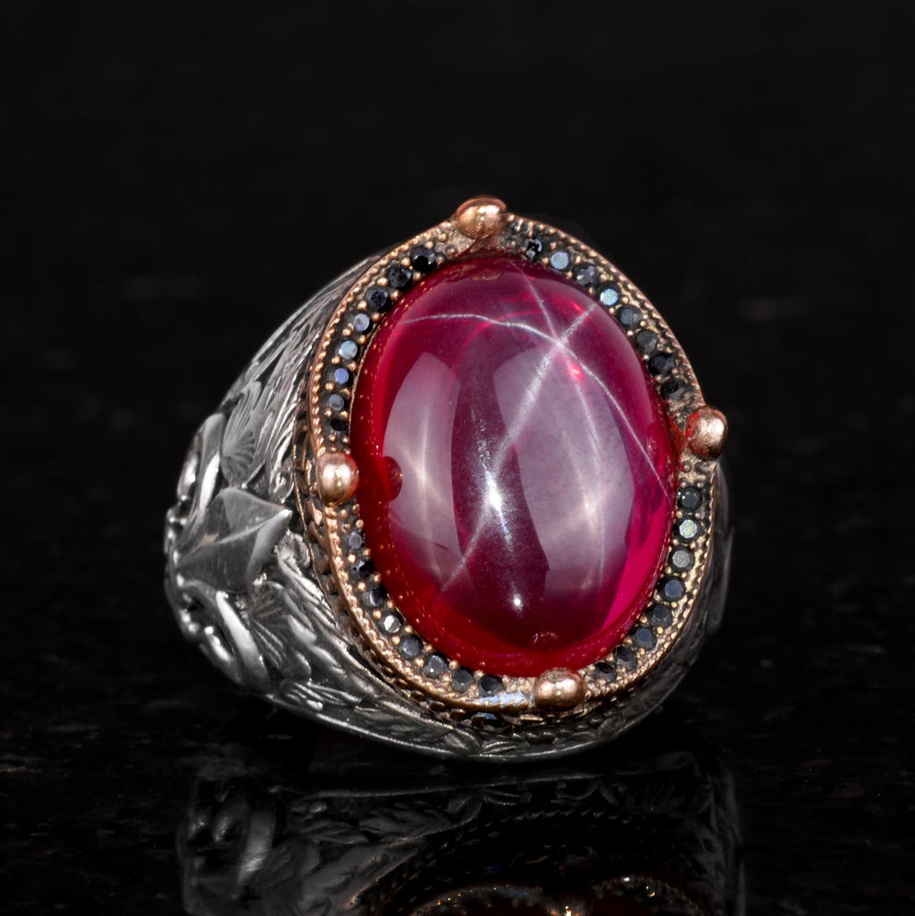 Kambo Handcrafted Men's Ring in 925K Silver - Available with Various Natural Gemstones (Star Ruby) — 5
