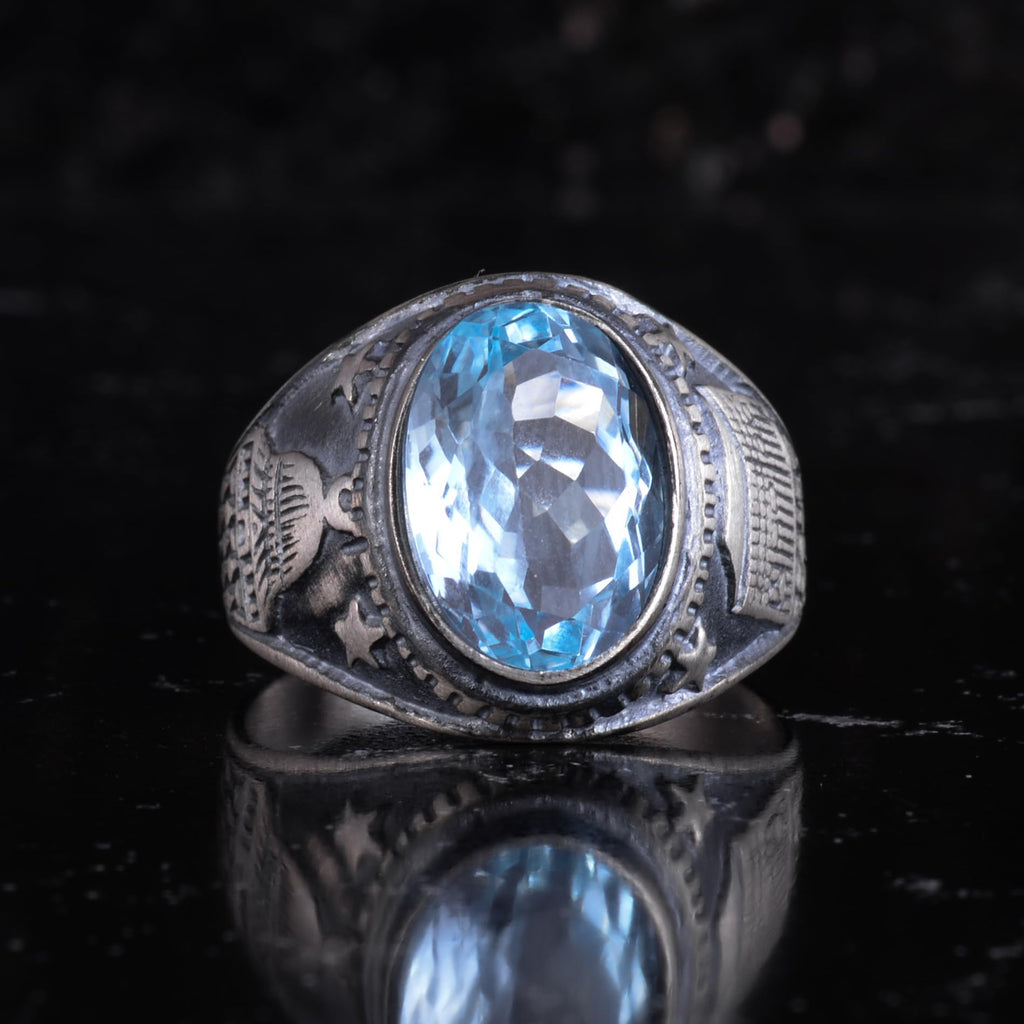 KAMBO Natural Blue Topaz Stone Men's Ring 925 Sterling Silver – Eagle Motif Handmade Ring – Light Blue Stone Vintage Statement Jewelry — 4