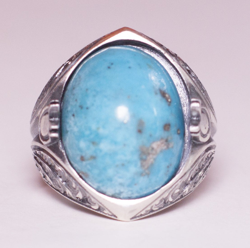 KAMBO Handmade Turquoise Men's Ring 925 Sterling Silver Tulip Design Vintage Statement Gemstone Jewelry Engagement Gift 