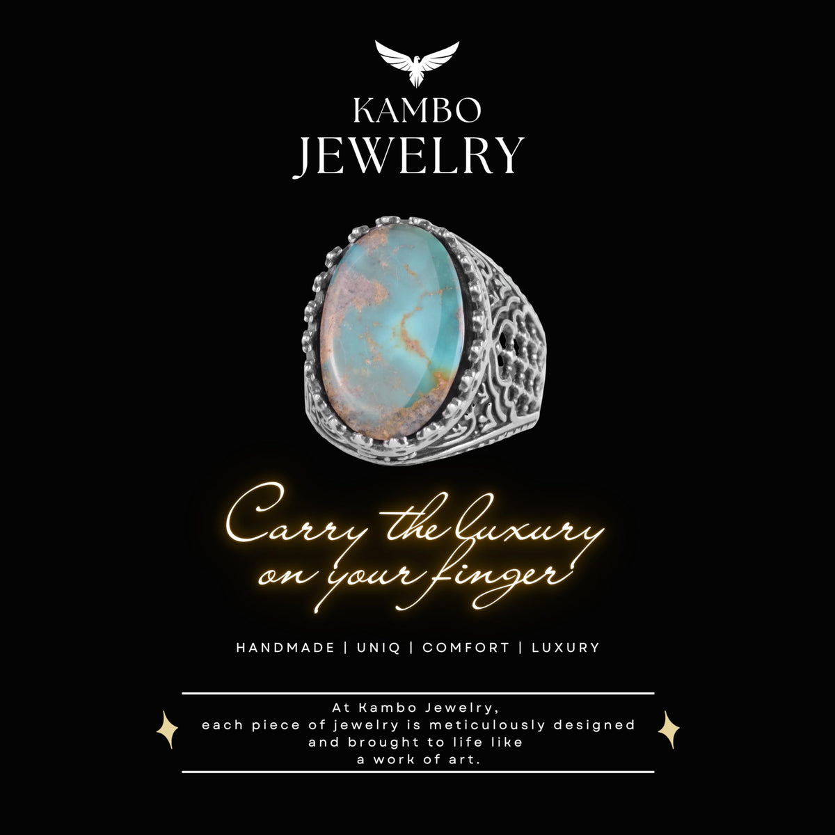 KAMBO Natural Turquoise Stone Men's Ring 925 Sterling Silver Spider Web Pattern Oval Cabochon Vintage Handmade Statement Ring (Turquoise-5) — 7