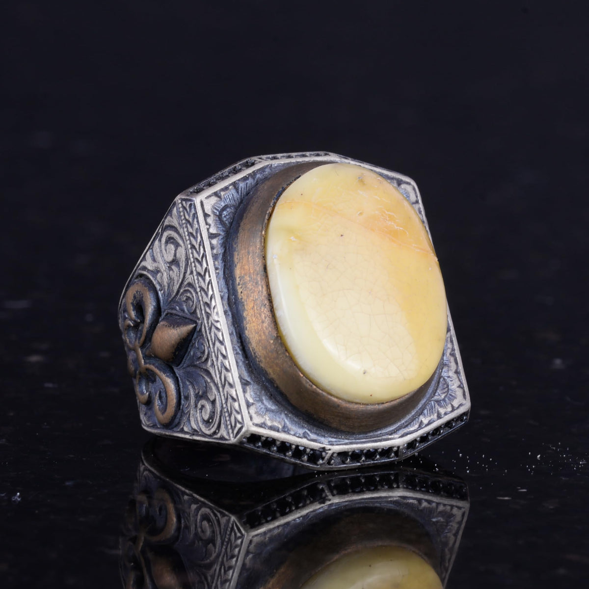 925 Sterling Silver Men's Large Ring - Real Natural Amber Stone - Zulfiqar Sword Symbol — 6