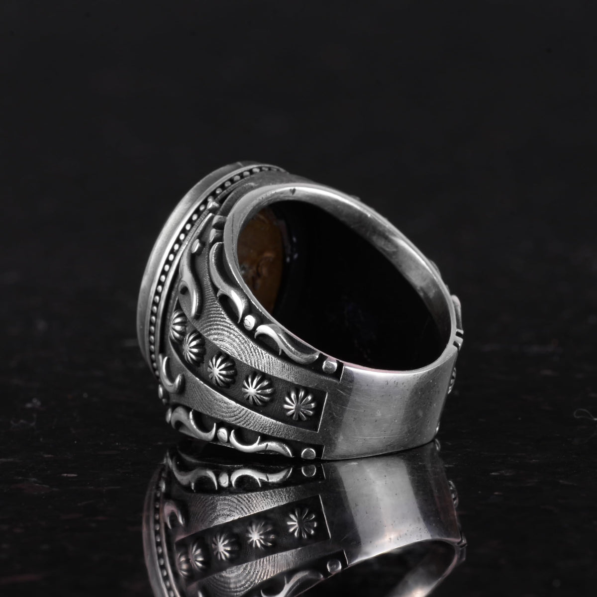 925 Sterling Silver Men's Ring, Decorative Agate Stone Ring - Handmade Elegance — 6