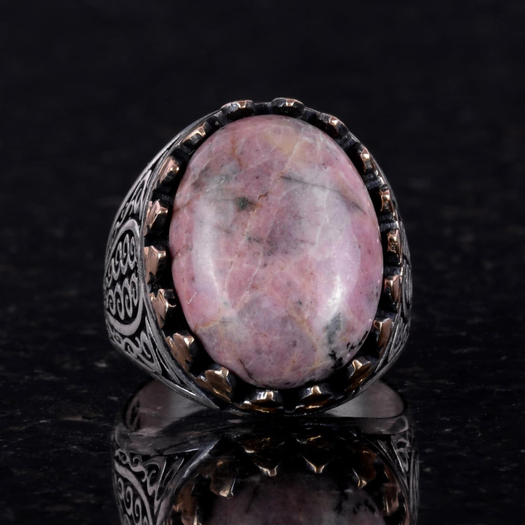 925 Sterling Silver Men's Ring - Natural Rhodonite Stone — 6