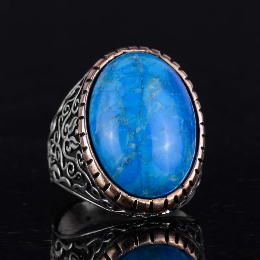 KAMBO Synthetic Stone Ring, 925 Sterling Silver Men's Ring, Big Ring (Synthetic Turquoise Stone) — 6