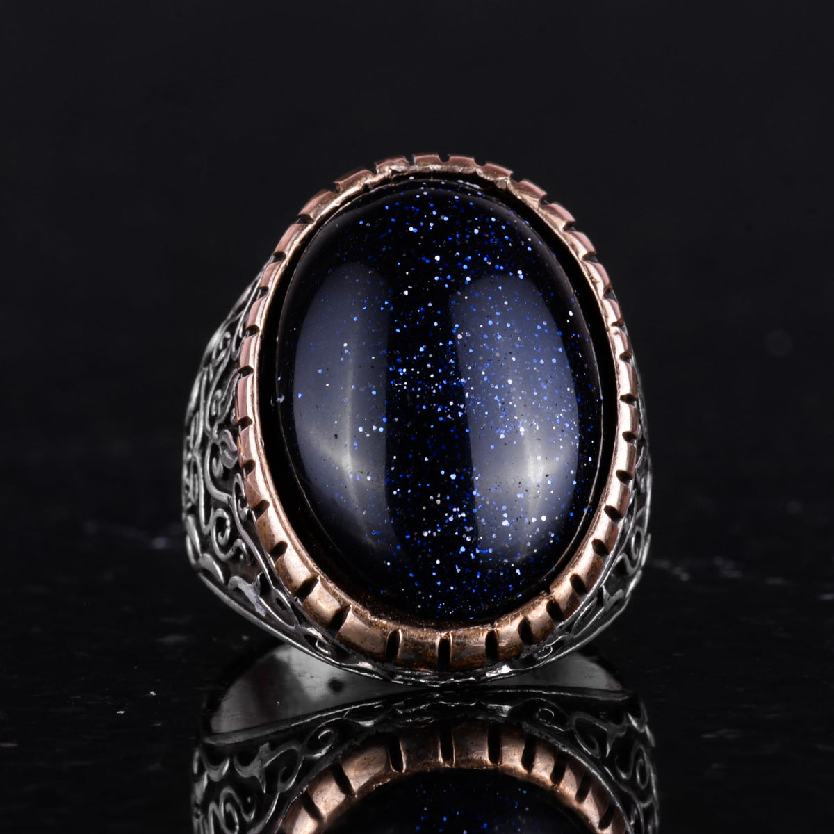 Synthetic Stone Ring, 925 Sterling Silver Men's Ring, Large Size Ring (Blue Sunstone) — 3
