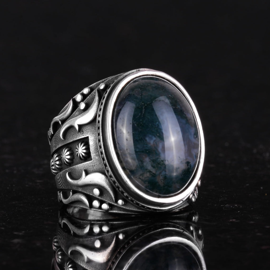 925 Sterling Silver Men's Ring, Decorative Agate Stone Ring - Handmade Elegance — 5