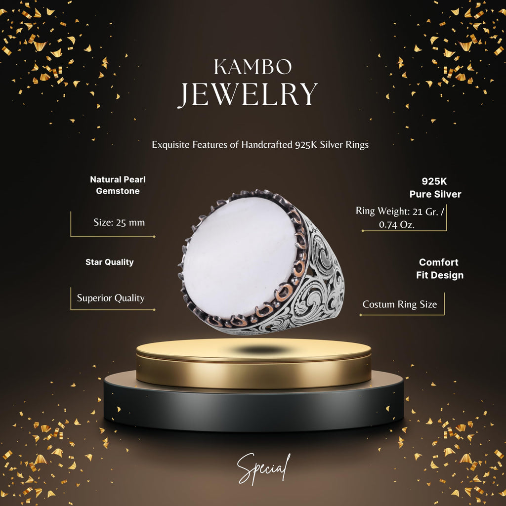 KAMBO Natural Stone Round Large Men's Ring – 925 Sterling Silver Handmade Ring – Statement Ring – Vintage Ottoman Style Men's Jewelry (Pearl) — 2