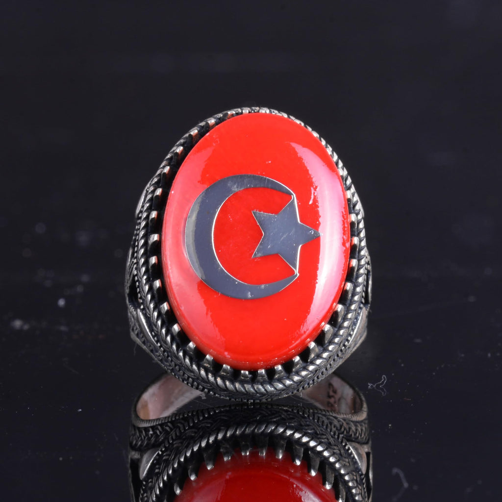 Turkish Flag Design Silver Men's Statement Ring – Crescent Star Patriotic Jewelry – Handmade Ottoman Inspired Large Red Oval — 5