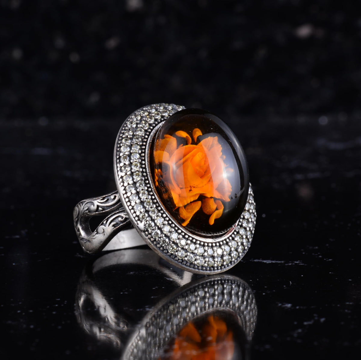 KAMBO Natural Amber Rose Carved Women's Ring 925 Sterling Silver Large Oval Stone Halo Design Handmade Vintage Jewelry — 6