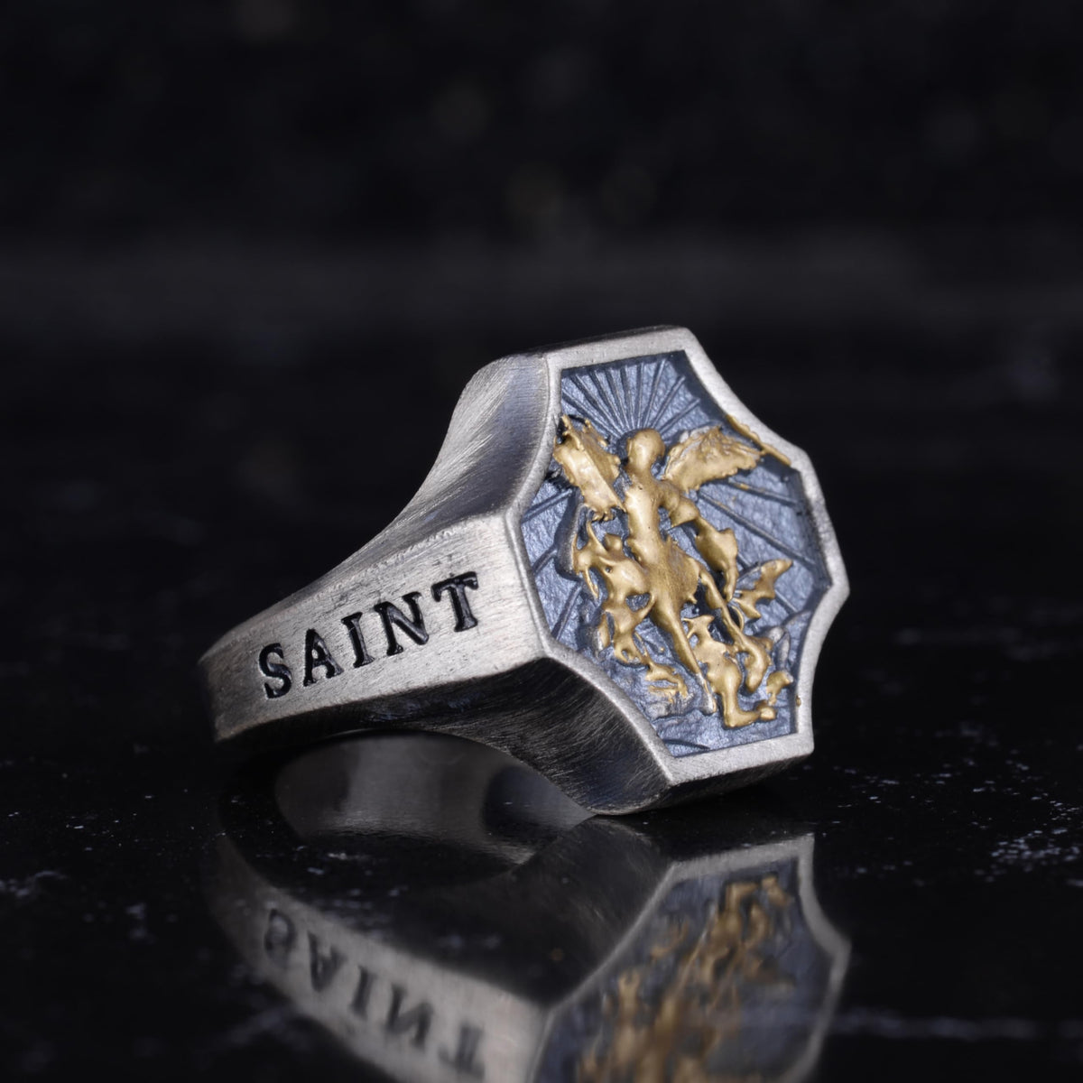KAMBO St. Michael Archangel Men's Ring – 925 Sterling Silver Gold Plated Design – Handmade Religious Protection Jewelry – Octagonal Shield Statement Ring — 6