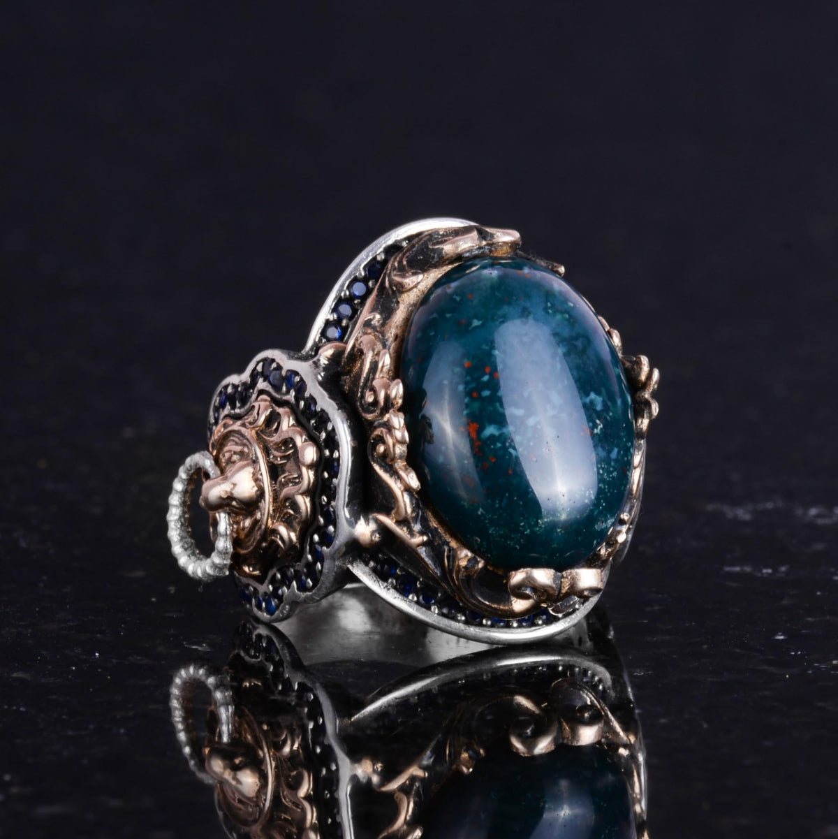 Lion Head Ring, Green Blood Stone Ring - 925 Sterling Silver — 6