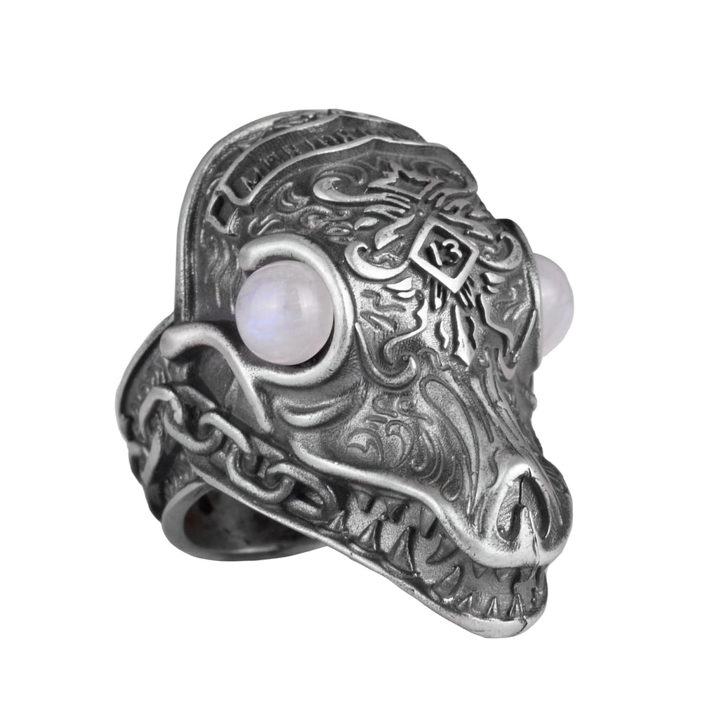 KAMBO Natural Stone Dragon Large Ring - Men's 925 Sterling Silver Gothic Handmade Statement Jewelry (Moonstone)