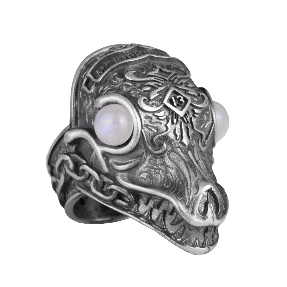 KAMBO Natural Stone Dragon Large Ring - Men's 925 Sterling Silver Gothic Handmade Statement Jewelry (Moonstone)