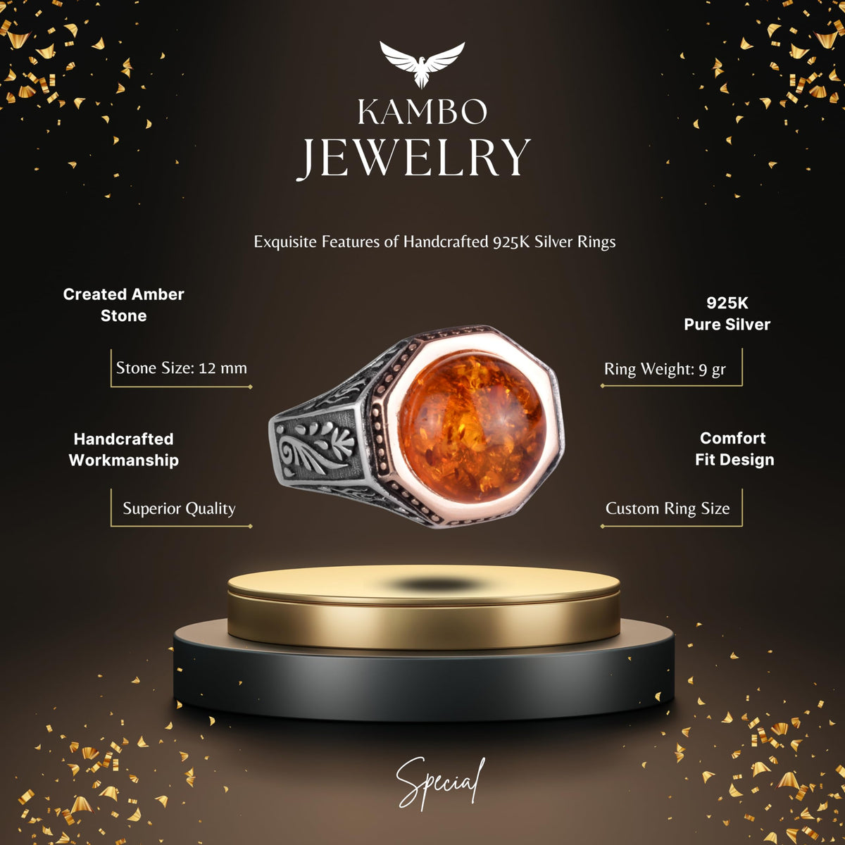 925 Sterling Silver Men's Ring - Amber Stone Minimalist Ring — 2