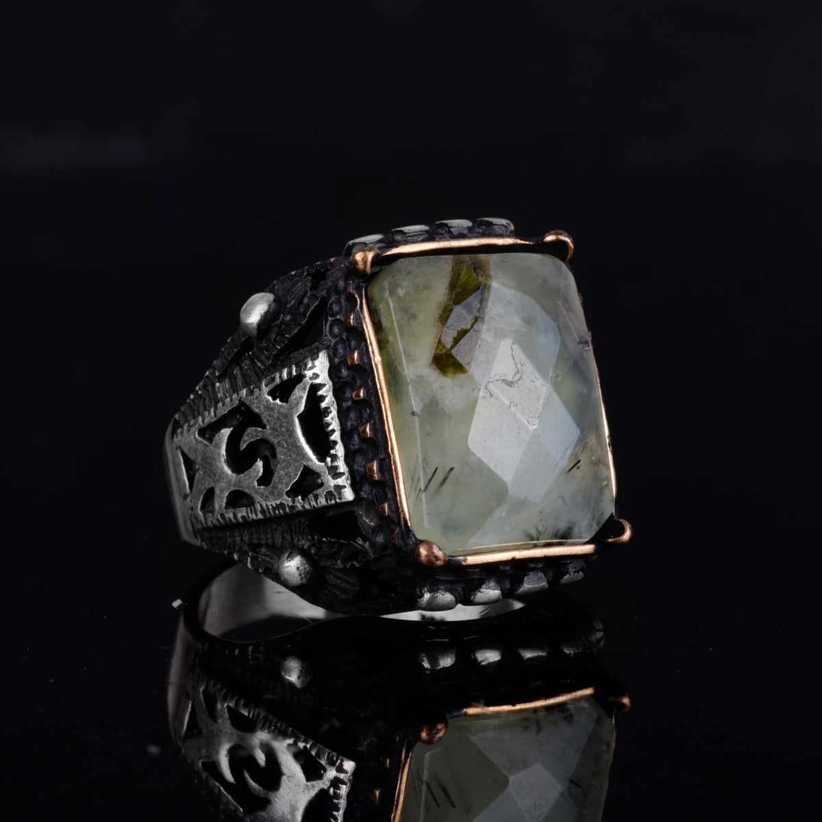 KAMBO Natural Prehnite Stone Men's Ring – Rectangular Stone 925 Sterling Silver Handmade Statement Ring — 6