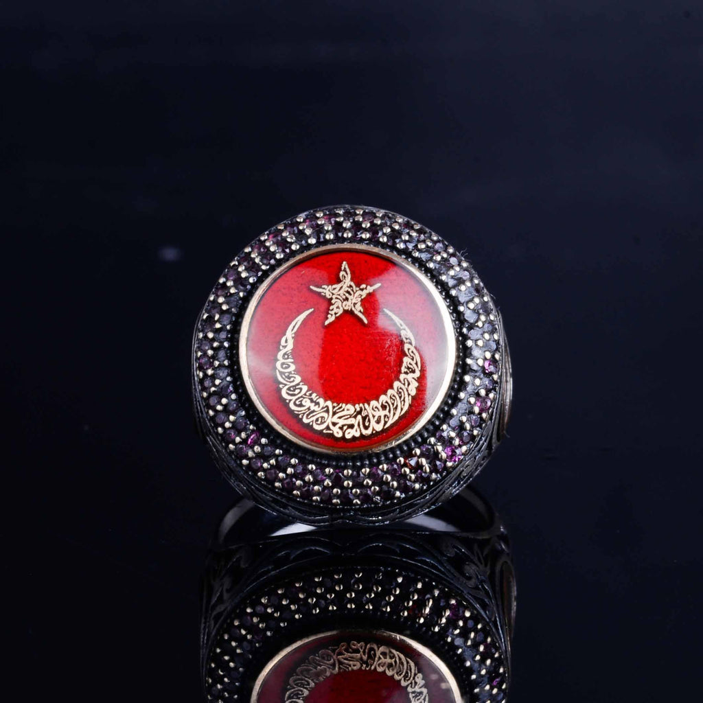 KAMBO Handmade 925 Sterling Silver Men’s Ring, Unique Vintage Star and Crescent Flag Design, Statement Jewelry, Customiz
