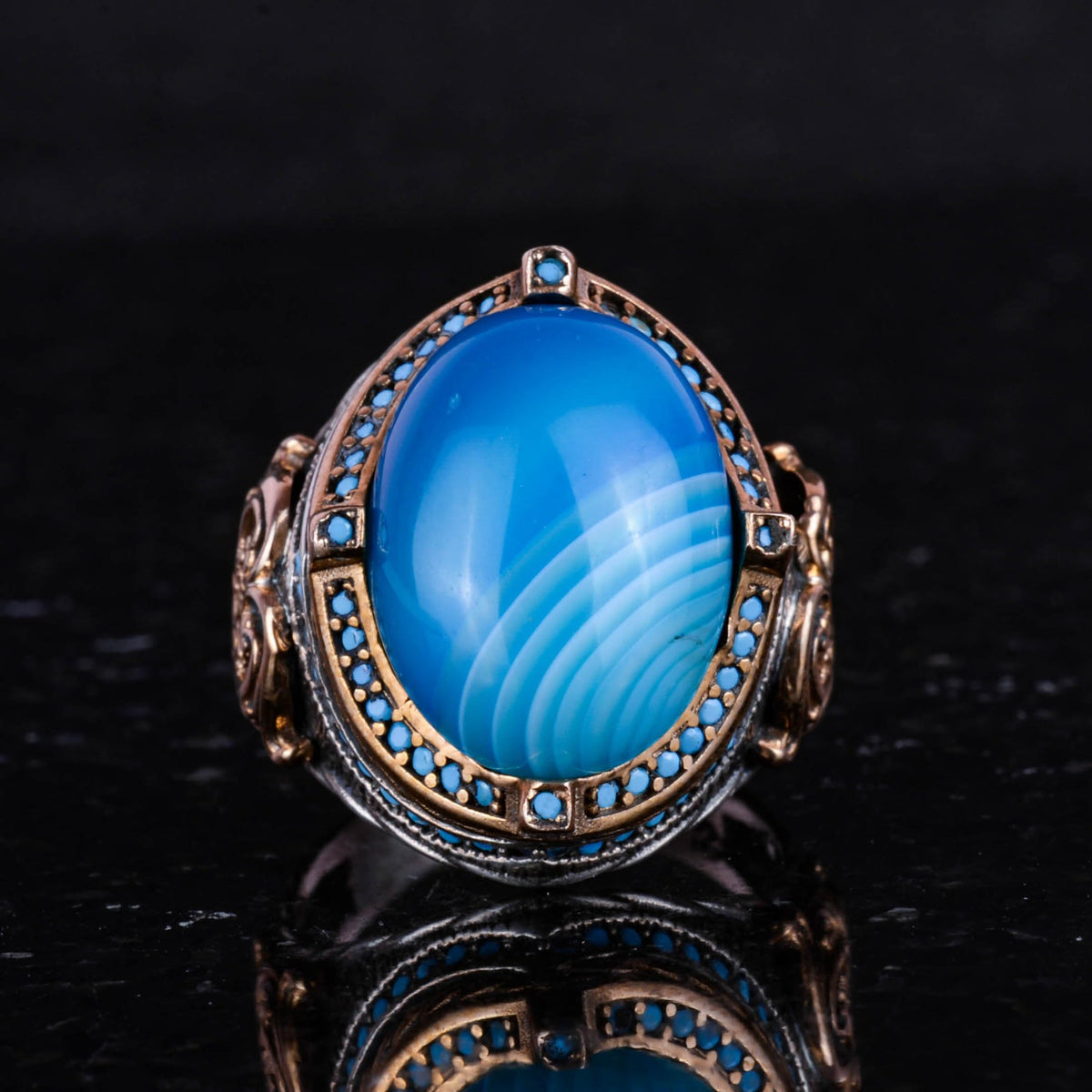 925 Sterling Silver Men's Ring with Natural Blue Agate Stone, Handmade Statement Ring, Vintage Design — 4