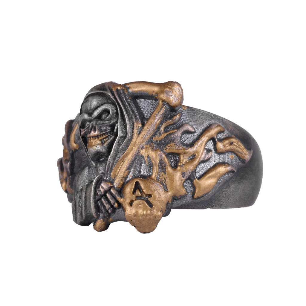 KAMBO 925 Sterling Silver Men's Grim Reaper Ring – Gothic Skull Reaper Design – Handmade Punk Rock Silver Jewelry (Gold Plated)