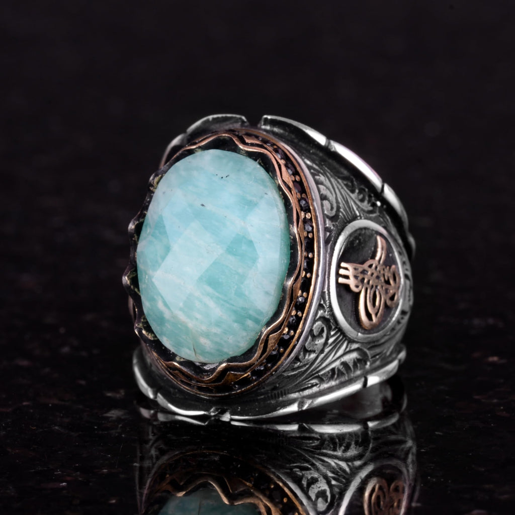 Ottoman Tugra Silver Ring, Natural Stone Ring, 925 Sterling Silver Ring (Amazonite) — 5