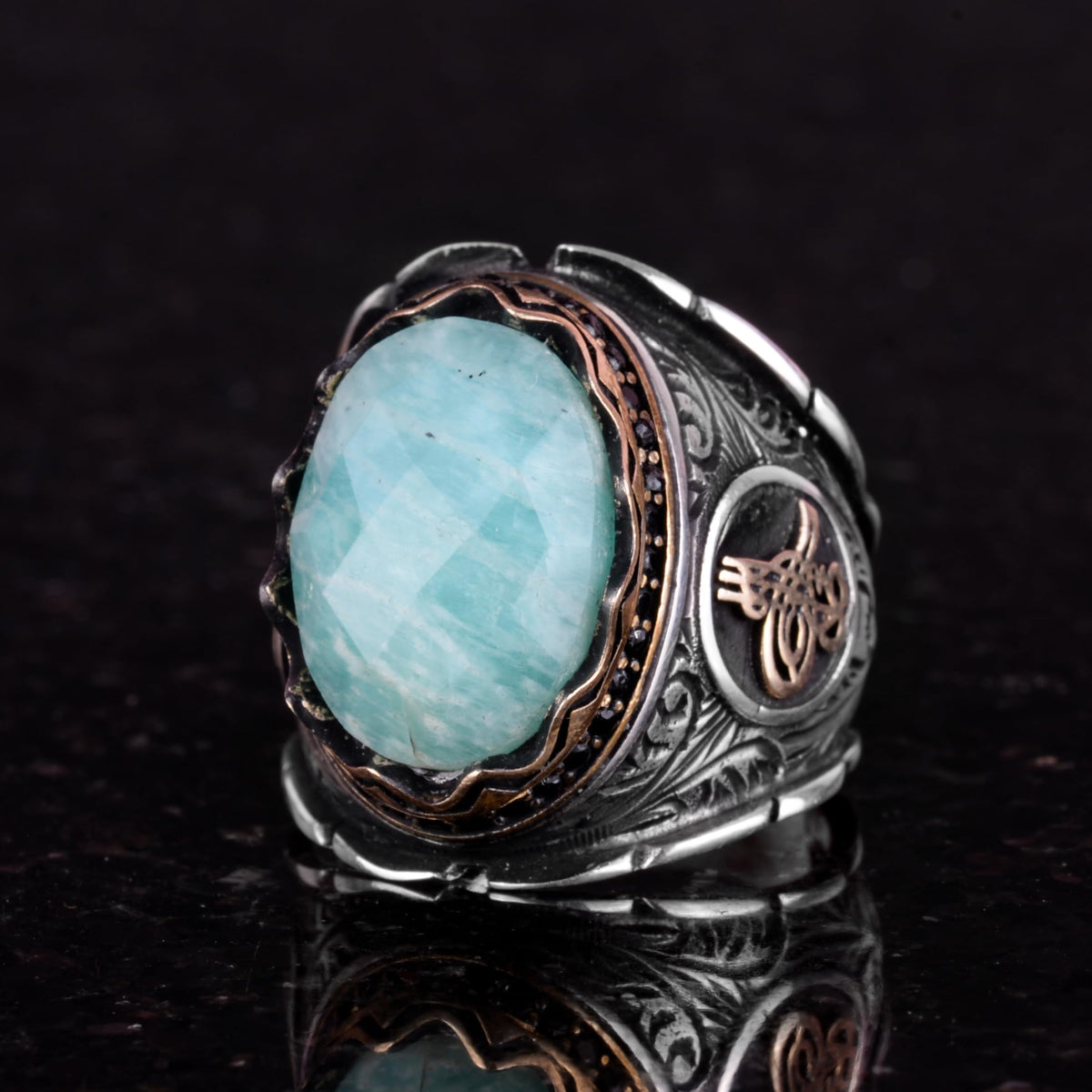 Ottoman Tugra Silver Ring, Natural Stone Ring, 925 Sterling Silver Ring (Amazonite) — 5