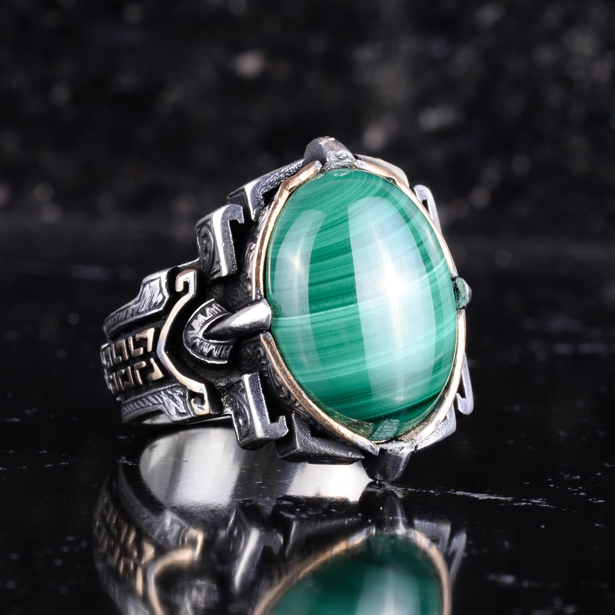 KAMBO Natural Stone Ring 925 Sterling Silver – Handmade Men's Statement Ring Healing Jewelry (Malachite) — 6