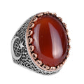 KAMBO 925 Sterling Silver Men's Natural Stone Ring - Moon and Star Design - Handmade Vintage Jewelry (Red Agate)