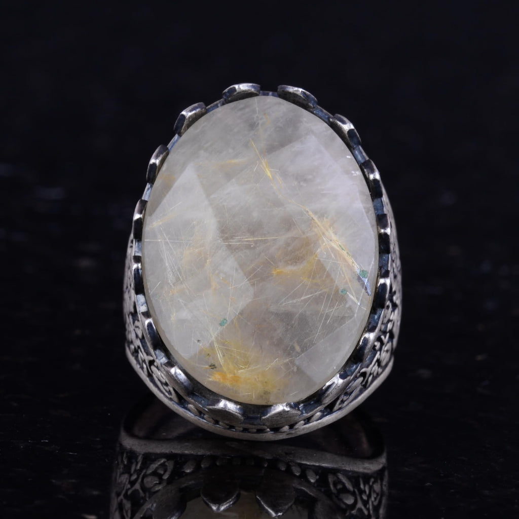Natural Stone Ring - Rose Pattern - 925 Sterling Silver - Handmade Large Ring (Gold Rutile Quartz) — 4