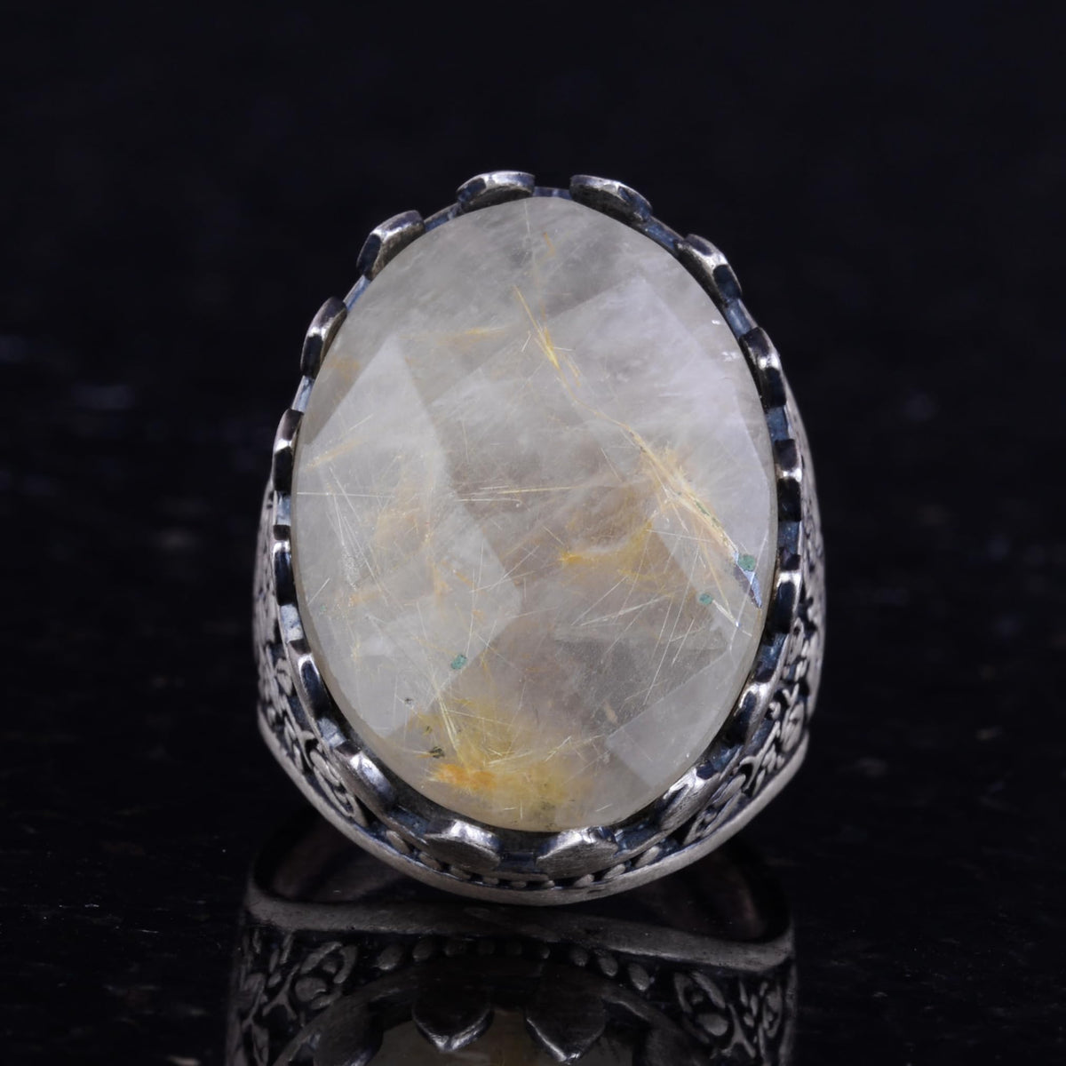 Natural Stone Ring - Rose Pattern - 925 Sterling Silver - Handmade Large Ring (Gold Rutile Quartz) — 4