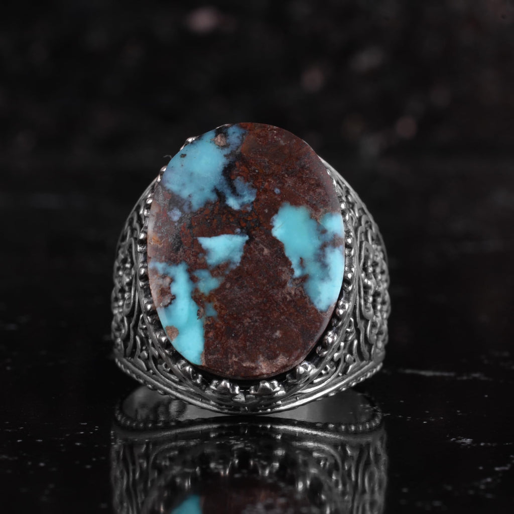 KAMBO Natural Turquoise Stone Men's Ring 925 Sterling Silver Spider Web Pattern Oval Cabochon Vintage Handmade Statement Ring (Turquoise-1) — 4