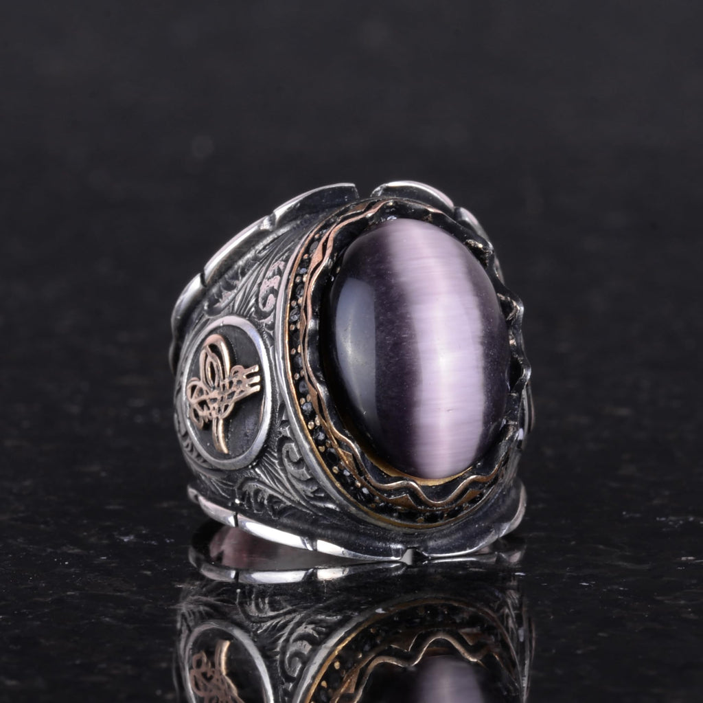 925 Sterling Silver Men's Ring, Amethyst Cat's Eye Natural Stone Ring, Ottoman Tughra Ring — 4
