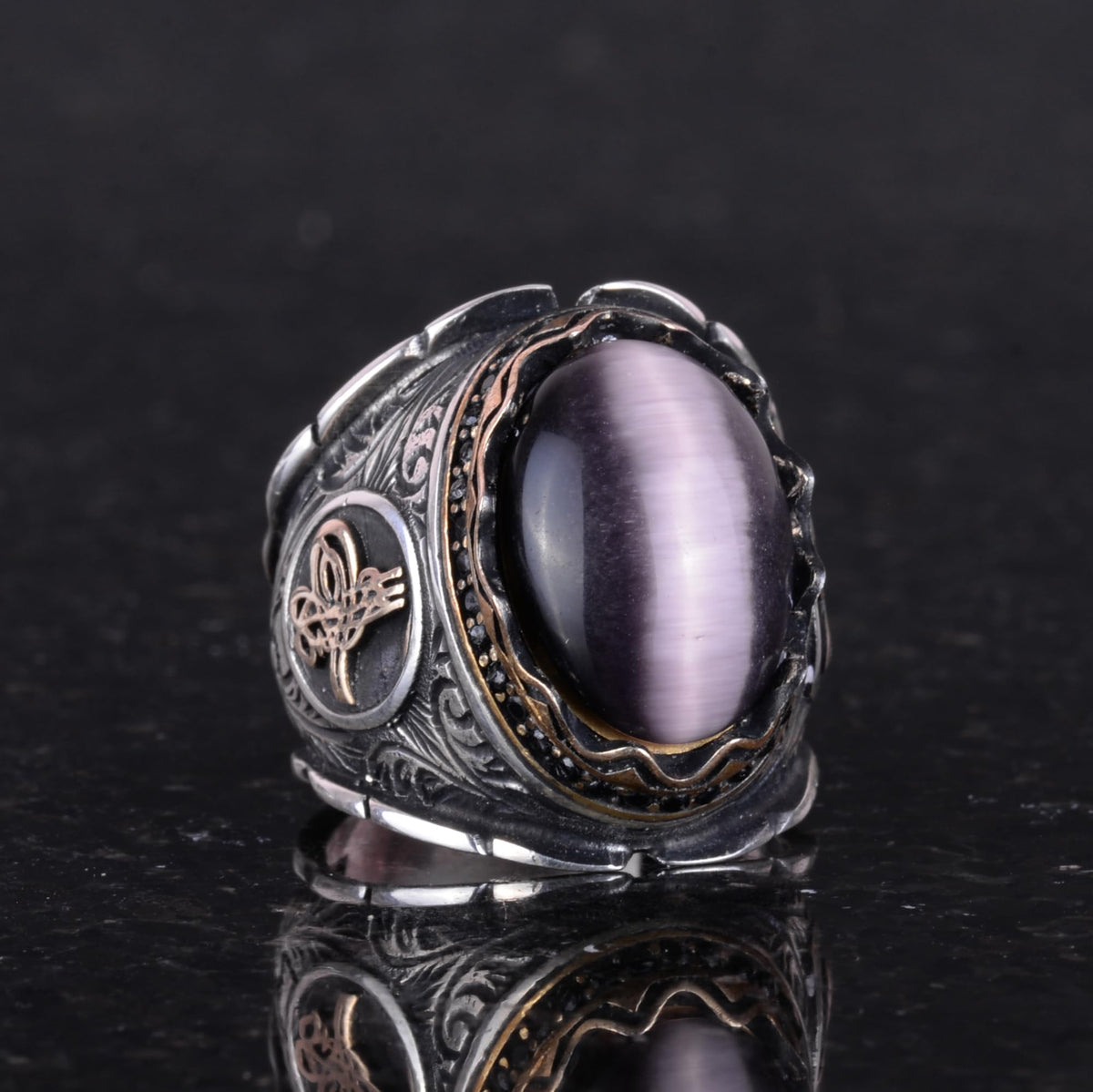 925 Sterling Silver Men's Ring, Amethyst Cat's Eye Natural Stone Ring, Ottoman Tughra Ring — 4