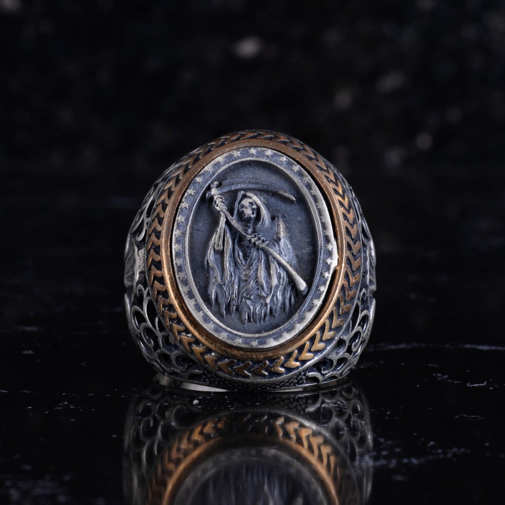 KAMBO Grim Reaper Men's Ring – Death Figure Engraved and Bronze Detailed 925 Sterling Silver Oval Seal Ring – Gothic Handmade Statement Jewelry — 4