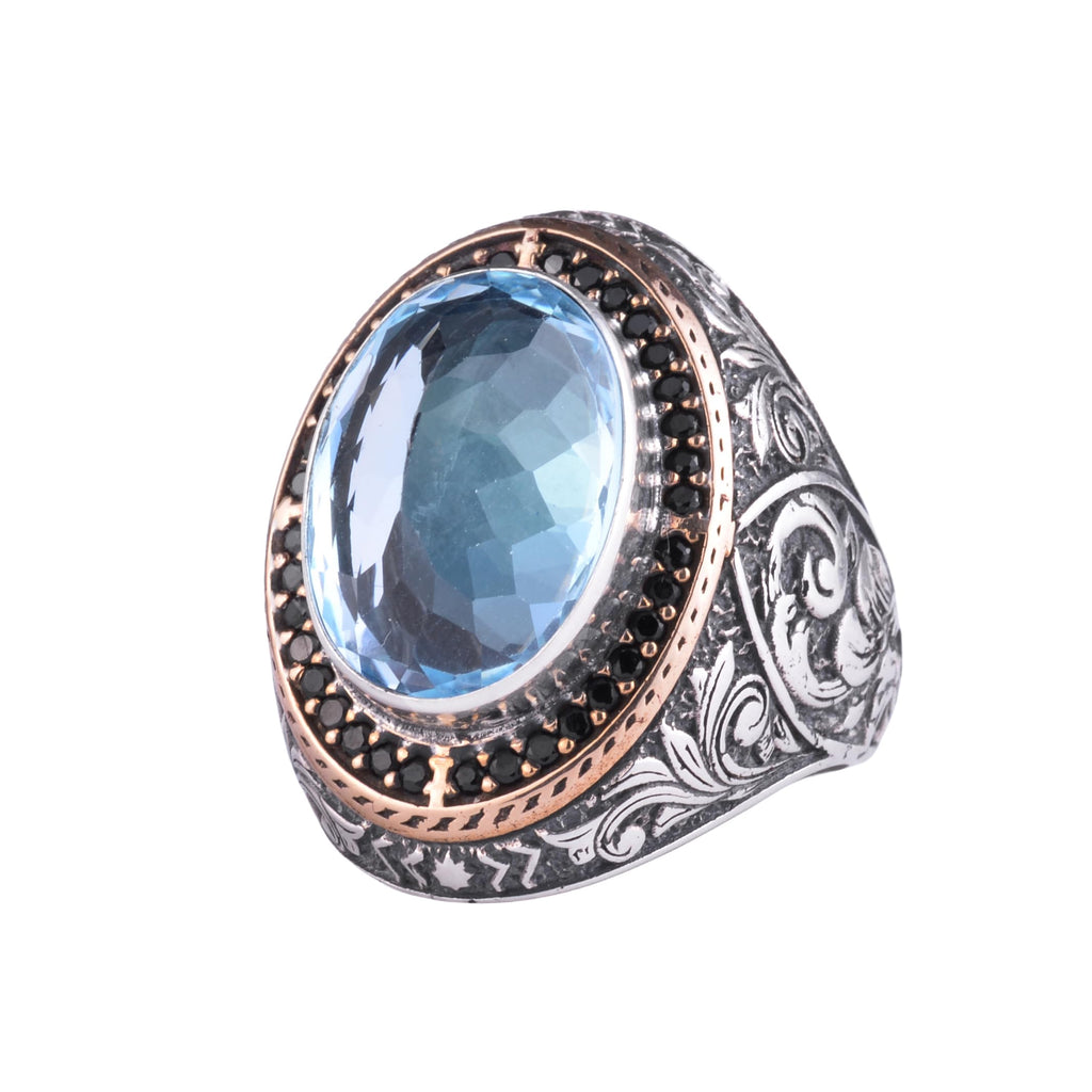 Men's Natural Stone Large Ring – Oval Stone Vintage Byzantine Engraved Statement Ring - Antique Filigree 925 Sterling Silver Jewelry (Blue Topaz)