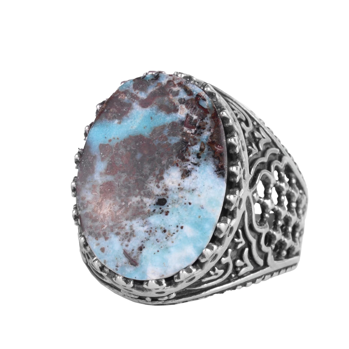 KAMBO Natural Turquoise Stone Men's Ring 925 Sterling Silver Spider Web Pattern Oval Cabochon Vintage Handmade Statement Ring (Turquoise-4)